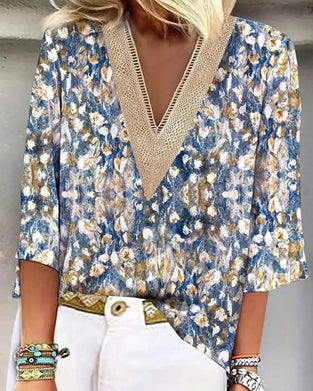 Blouse V-Hals Driekwart Mouw Bloemenprint
