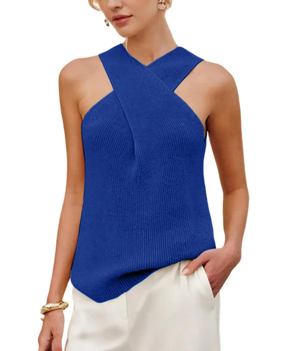 Top Dames Halter Crossover Kraag Tanktop Gebreid Mouwloos
