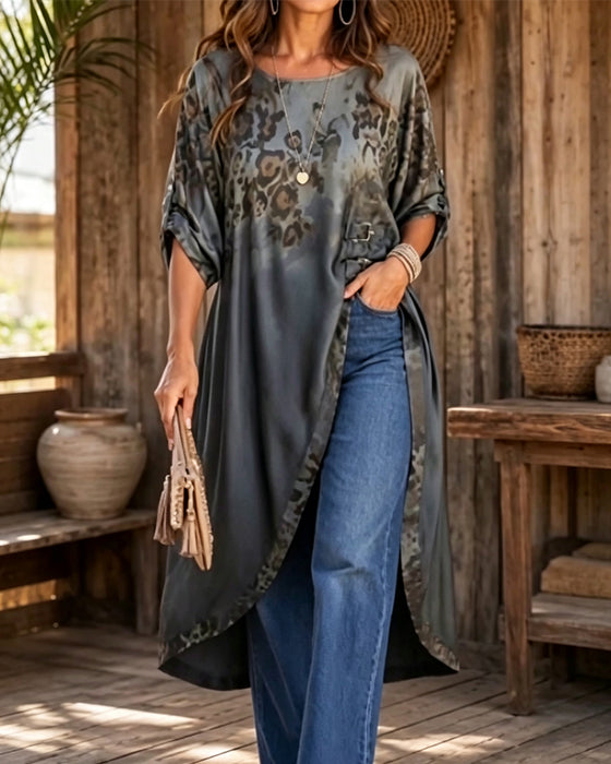 Blouse Ronde Hals Luipaardprint Verloop Asymmetrisch