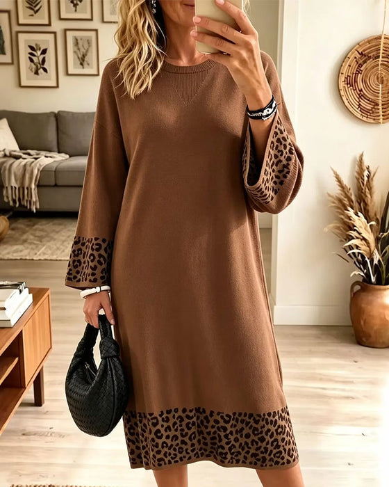 Jurk Luipaardprint Ronde Hals Paneel Shift