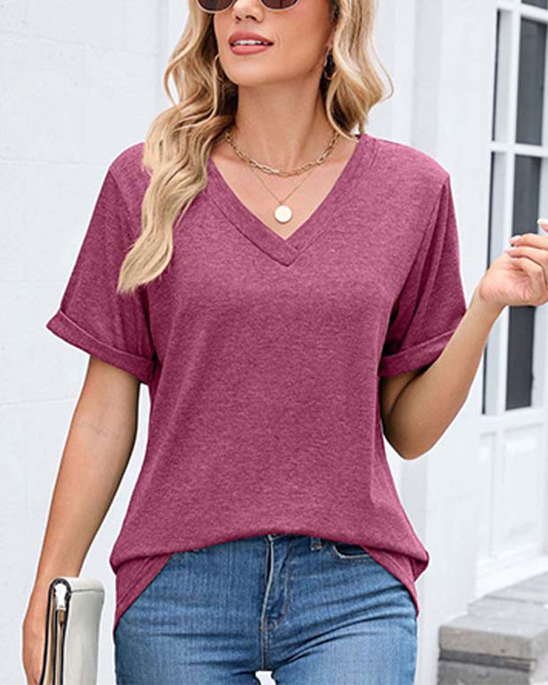T-Shirt Effen V-Hals Casual Korte Mouw