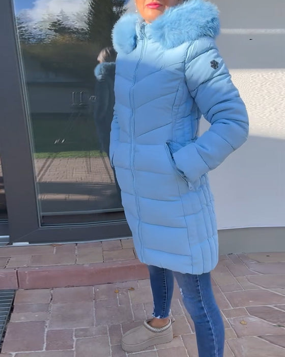 Casual effen kleur gewatteerde jas met ritszak en capuchon