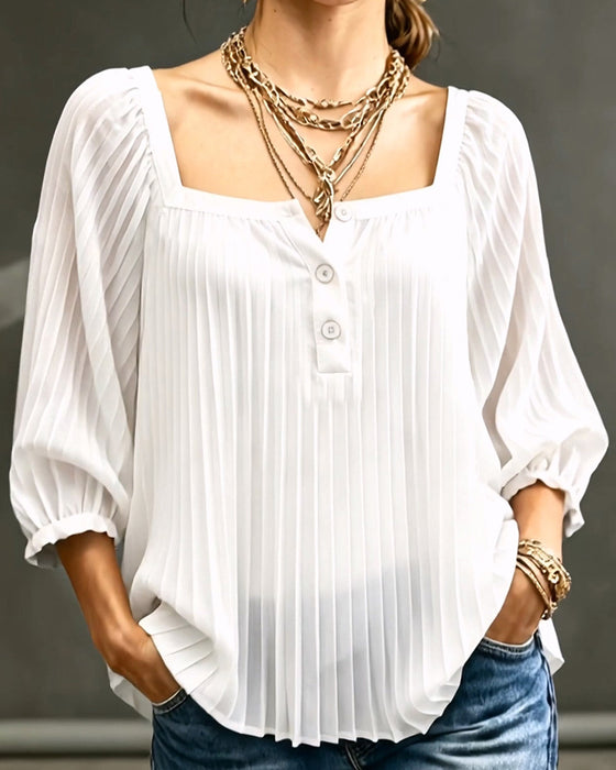 Blouse Vierkante Hals Geplooide Pofmouwen