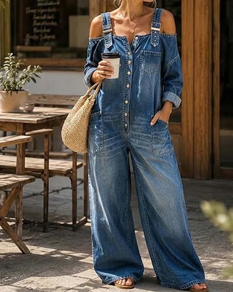 Jumpsuit Spaghettiband Koele Schouder Wijd Been Denim