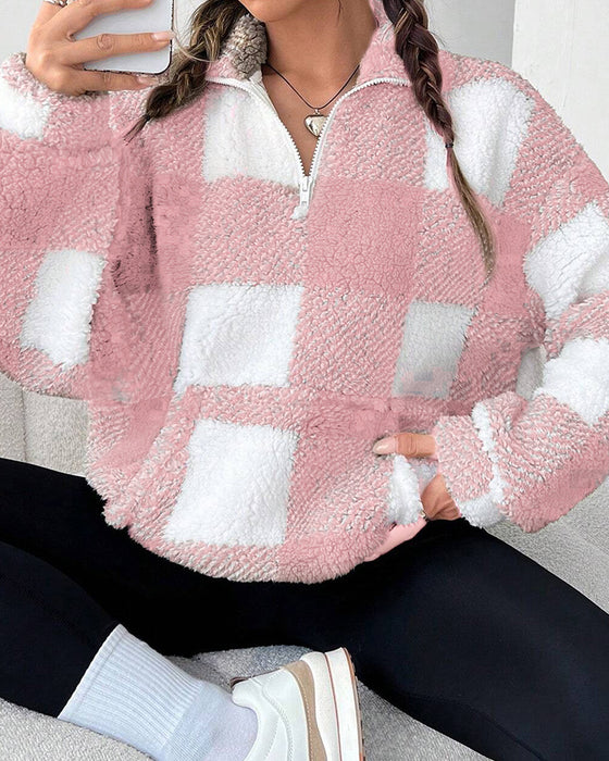 Sweatshirt Half-Zip Staande Kraag Ruitpatroon