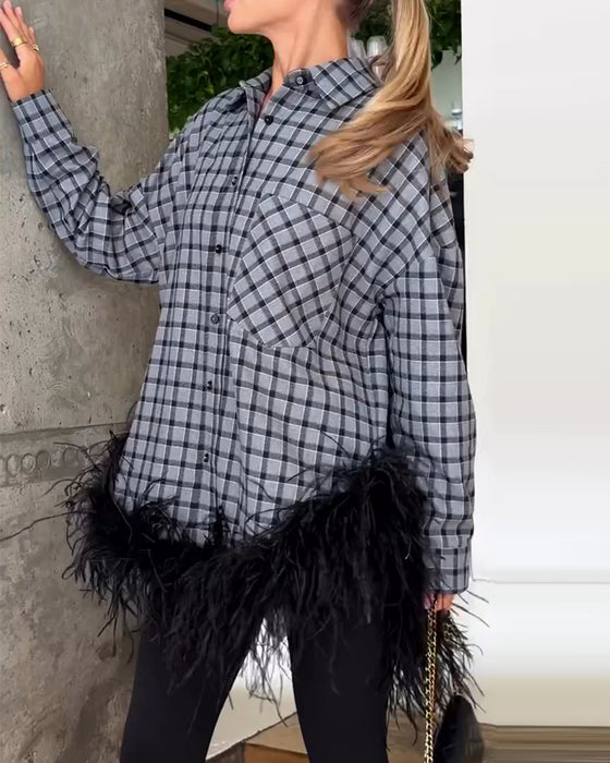 Blouse Struisvogel Veer Trim Ruit