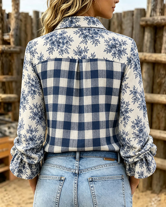 Shirt Bloemen Geruit Revers Lange Mouw
