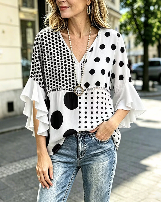 Blouse Gemengde Stip Patchwork Ruffle