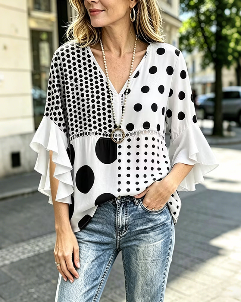 Blouse Gemengde Stip Patchwork Ruffle
