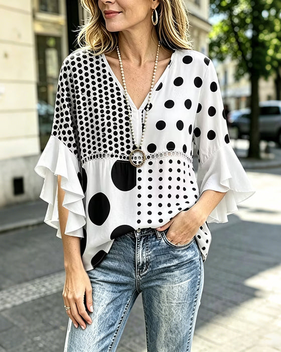 Blouse Gemengde Stip Patchwork Ruffle