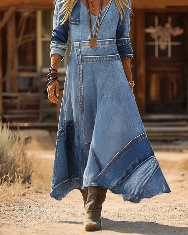 Jurk retro v-hals lange mouwen bedrukt