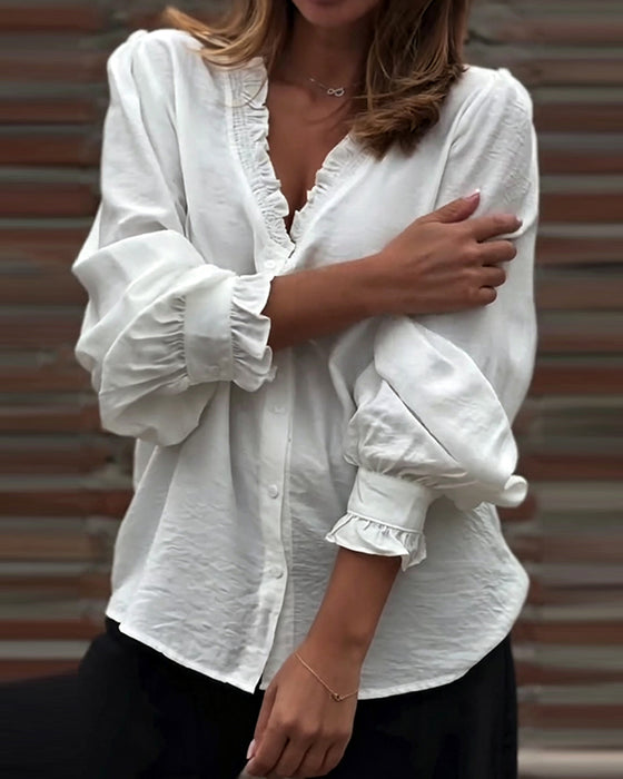 Blouse V-Hals Knoop Voor Ruffle Pofmouw