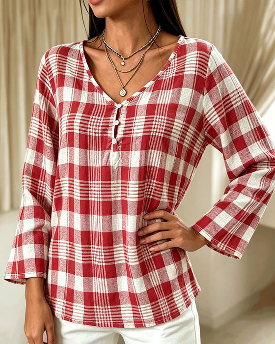 Blouse Stijlvol V-Hals Geruit Ellebooglange Mouw