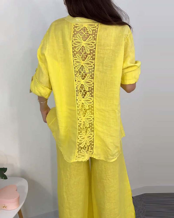 Kanten blouse met wijde pijpen, broek met zak, effen kleur en knopen