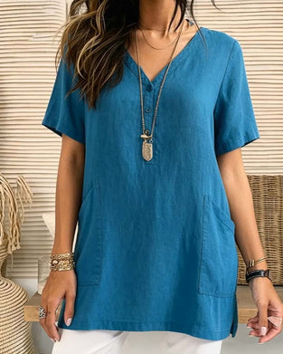 Blouses V-Hals Korte Mouw Half Knoopsluiting Zak