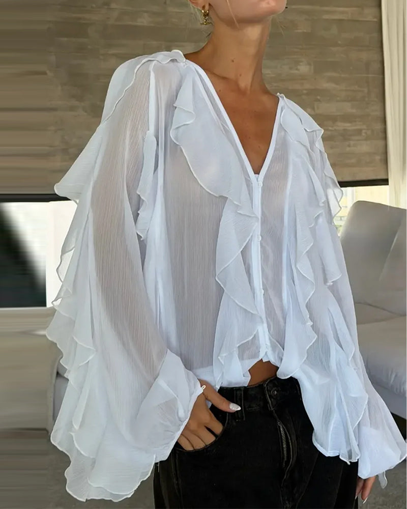 Blouse V-Hals Ruffle Los