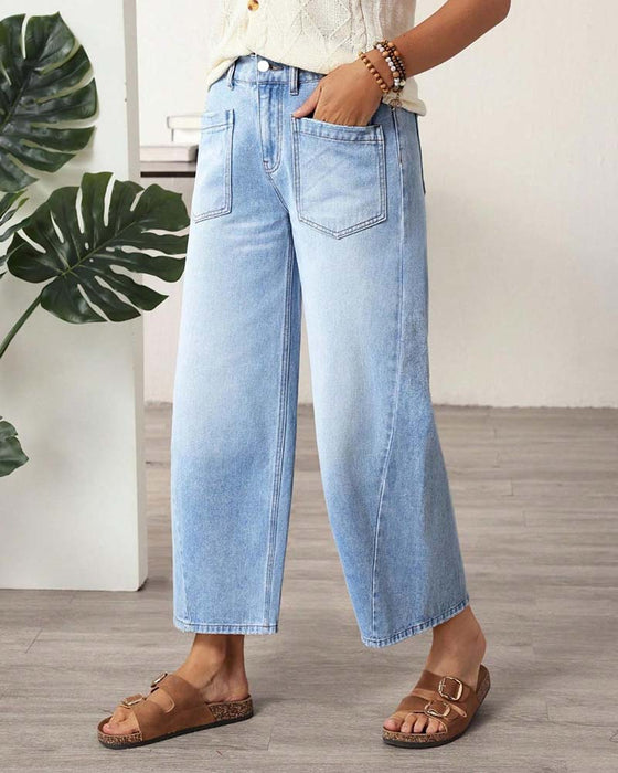 Jeans Denim Elastische Taille Wijd Pijp Cropped