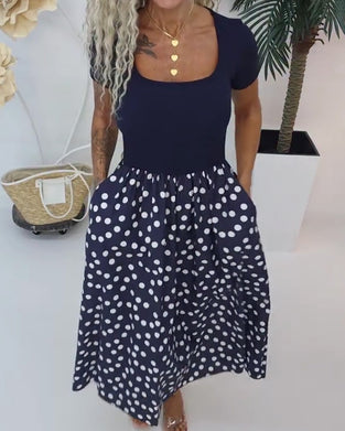 Jurk Vierkante Hals Polka Dot Patchwork