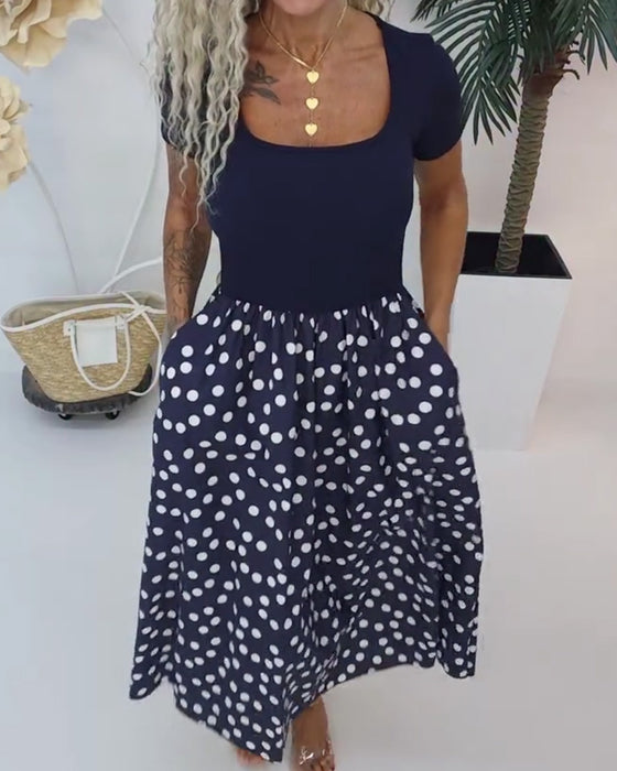 Jurk Vierkante Hals Polka Dot Patchwork