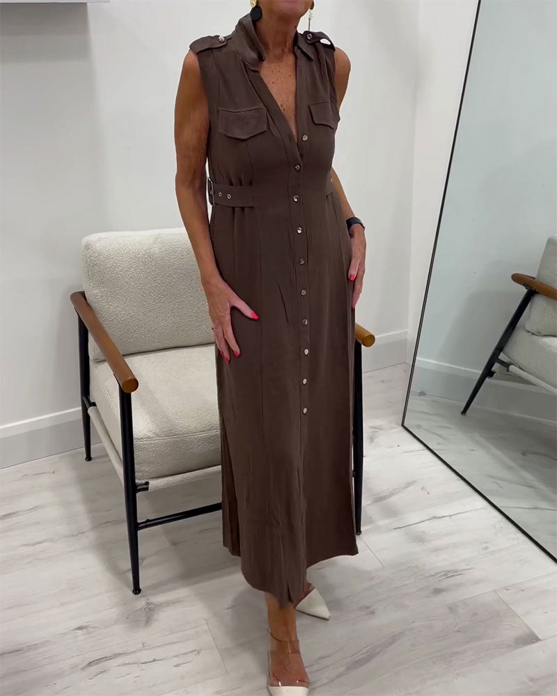 Jurk Mouwloos Met Knopen Getailleerd Overhemd