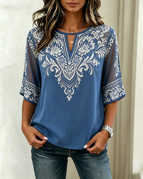 Blouse V-Hals Sheer Etnisch Print