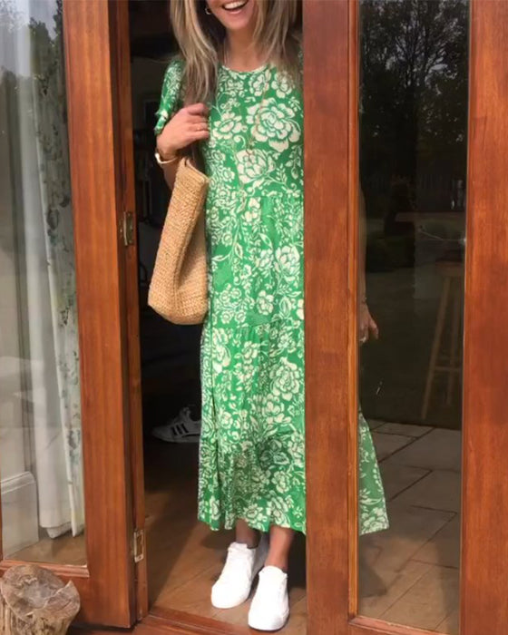 Lange jurk met bloemenprint en korte mouwen