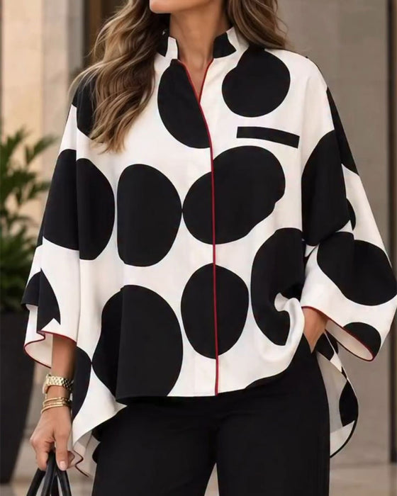Blouse Staande Kraag Grote Stippen Loose Onregelmatig