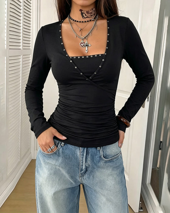 Top Vierkante Hals Gerimpeld Lange Mouw Slim Fit