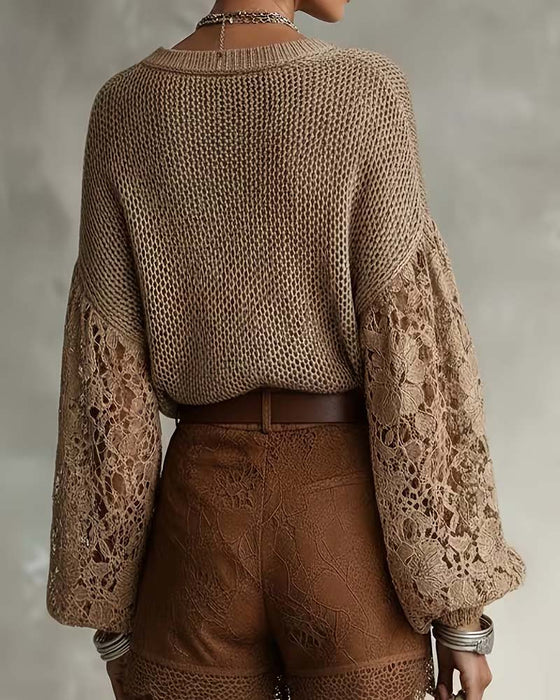 Pullover Kant Uitsnijding Patchwork Lantaarnmouw