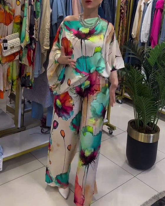 Set met driekwart mouwen met lotusprint en één schouder