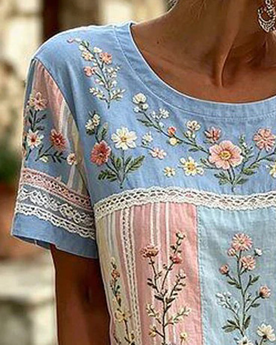 Blouse Ronde Hals Patchwork Bloemen