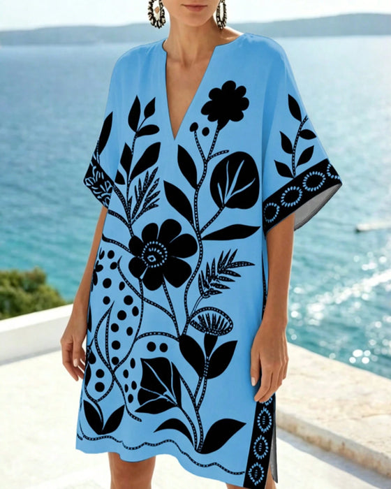 Jurk Floral Print V Hals Split