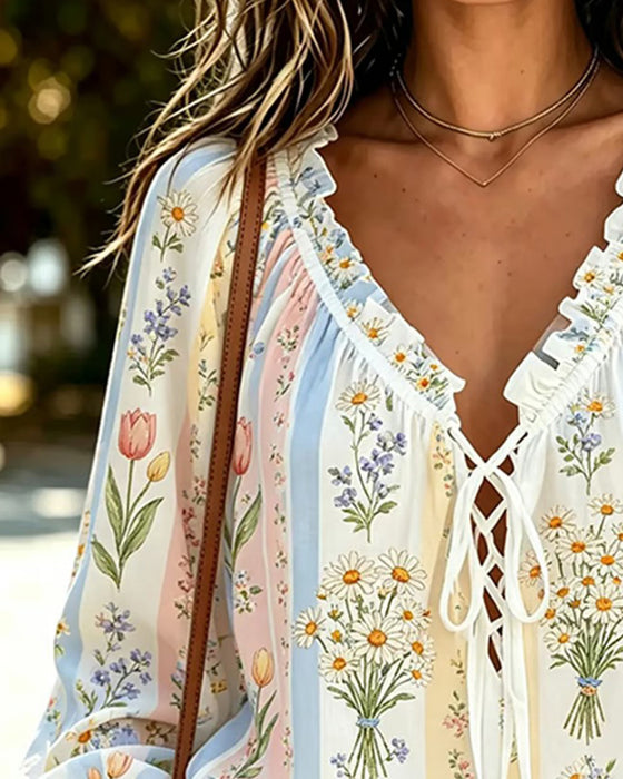 Blouse Kleurblok Bloemen Strik V-Hals