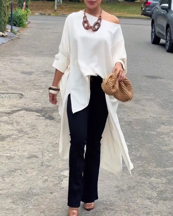 Blouse Asymmetrische Hals Onregelmatig Split Ellebooglange Mouw