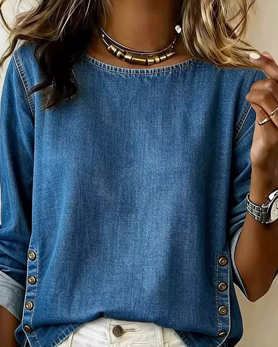 Blouse Ronde Hals Zijsplit Knoop