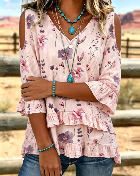 Blouse Bloemenprint Blote Schouder Ruchemouwen