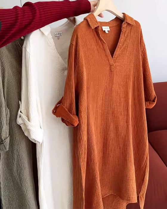 Jurk Lange Mouwen Effen Kleur Eenvoudige Revers