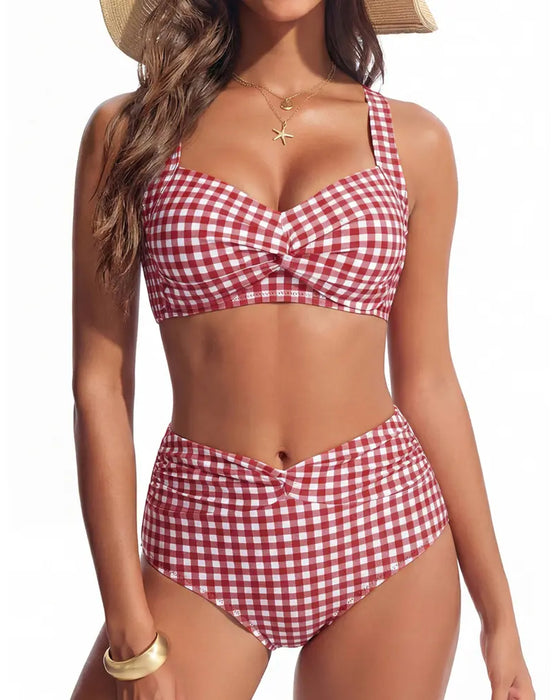 Bikini Geruit Hoge Taille Knoop