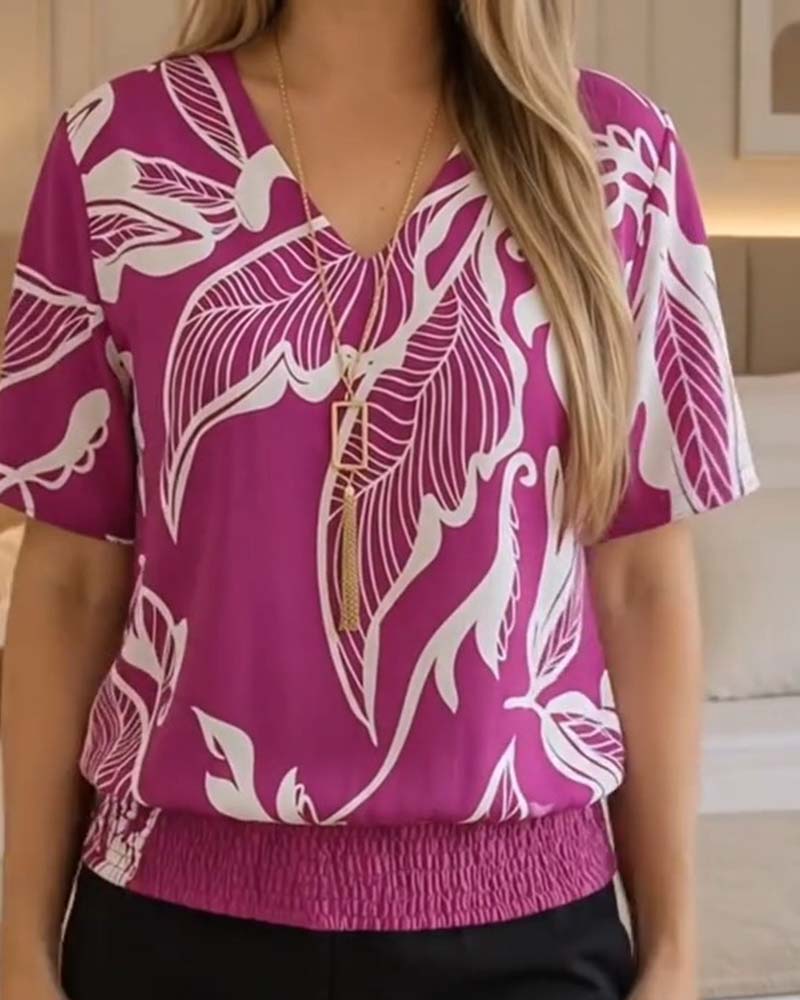 Blouse Bloemenprint Elastische Zoom Korte Mouw