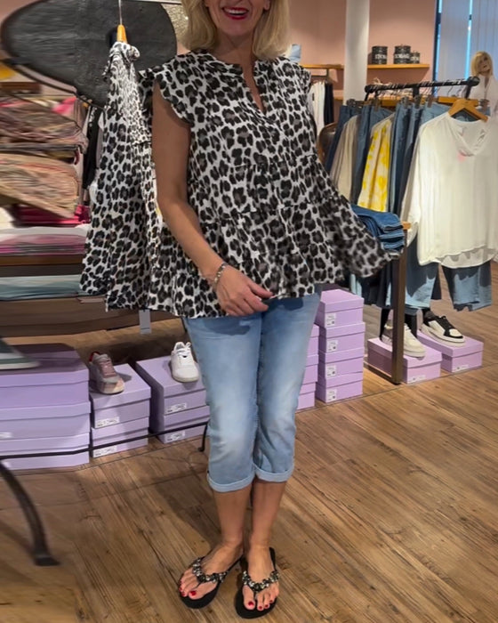 Casual top met patchwork en luipaardprint