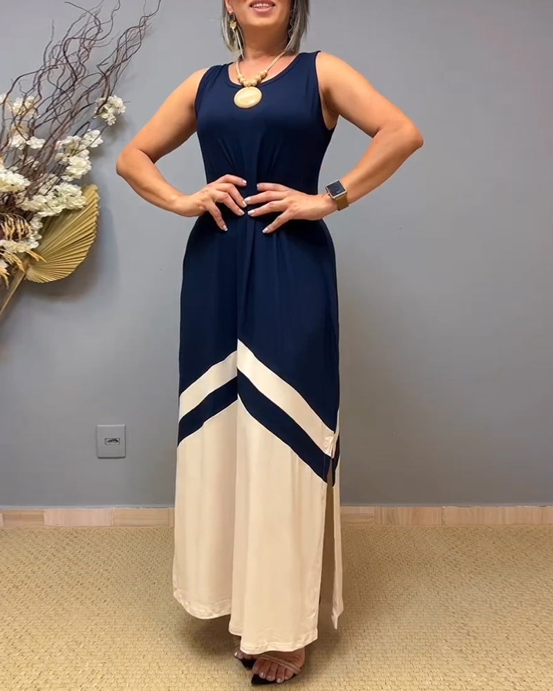 Jurk Mouwloos Contrast Kleur Split Lang