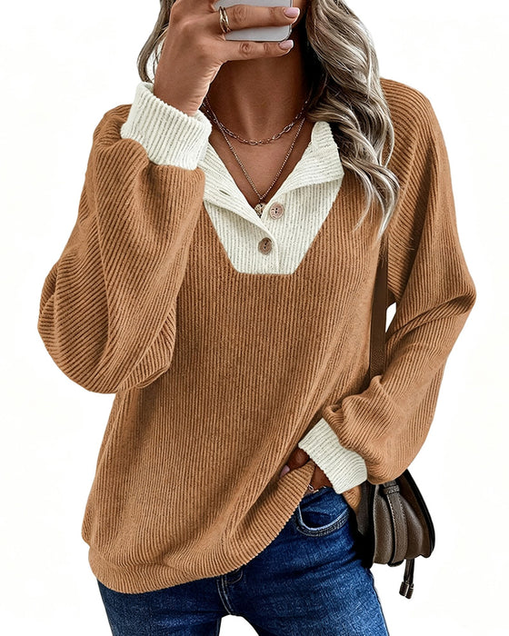 Knit Top Met Contrastkraag Lange Mouwen