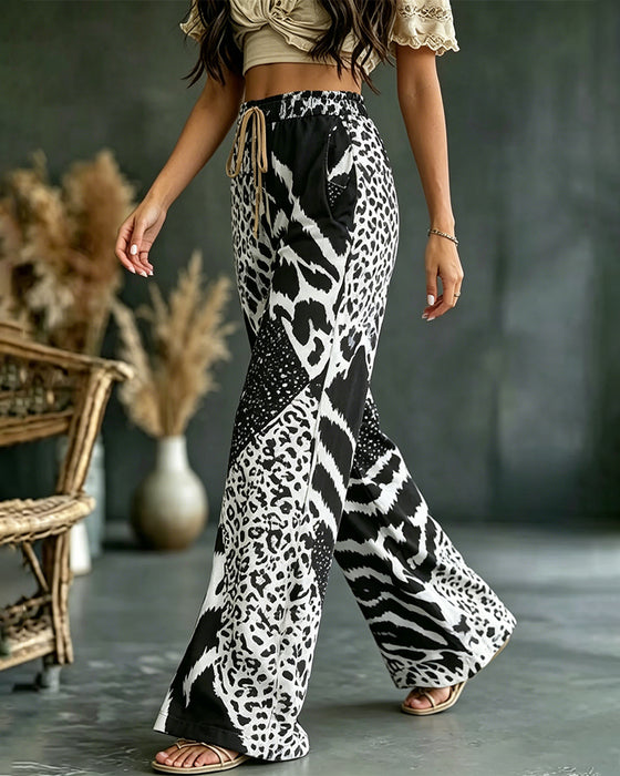 Broek Luipaard Print Patchwork Wijde Pijp Casual