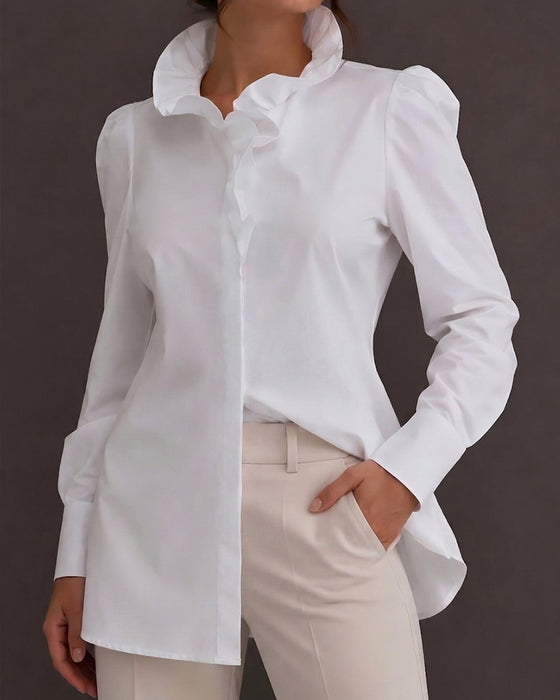 100% Katoen Blouse Ruffle Rand Lange Mouw Pofmouw