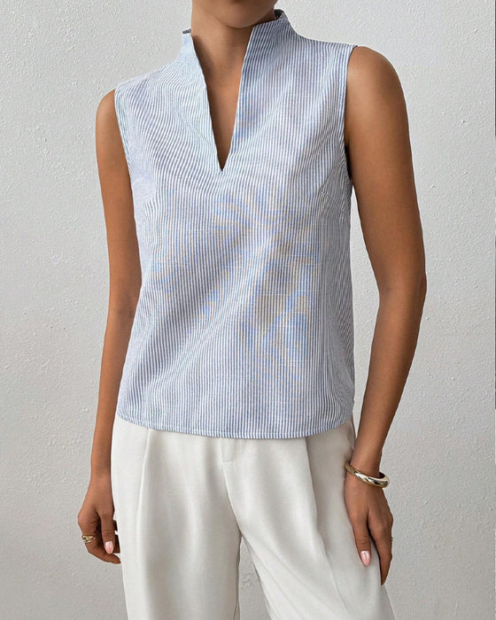 Mouwloze V-Hals Gestreepte Blouse
