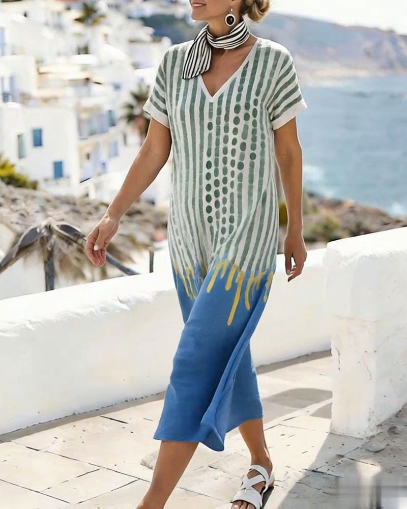 Jurk V-Hals Stip Gestreept Contras Kleur