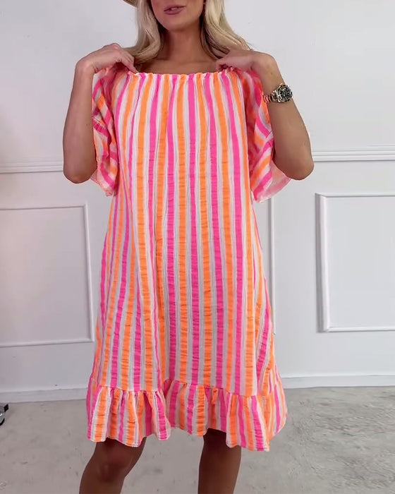 Jurk Ronde Hals Gestreept Geplooid Shift