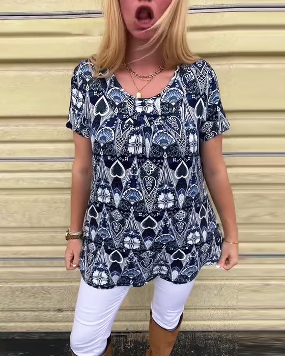 T-shirt casual retro ronde hals bedrukt