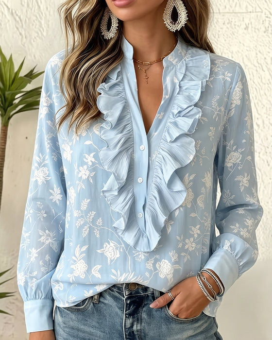 Blouse Knoop Voor Ruffle V-Hals Pofmouw