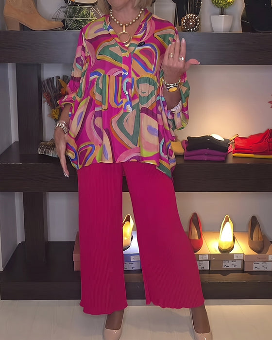 Blouse Kleurrijk Geometrisch Pofmouw Bedrukt